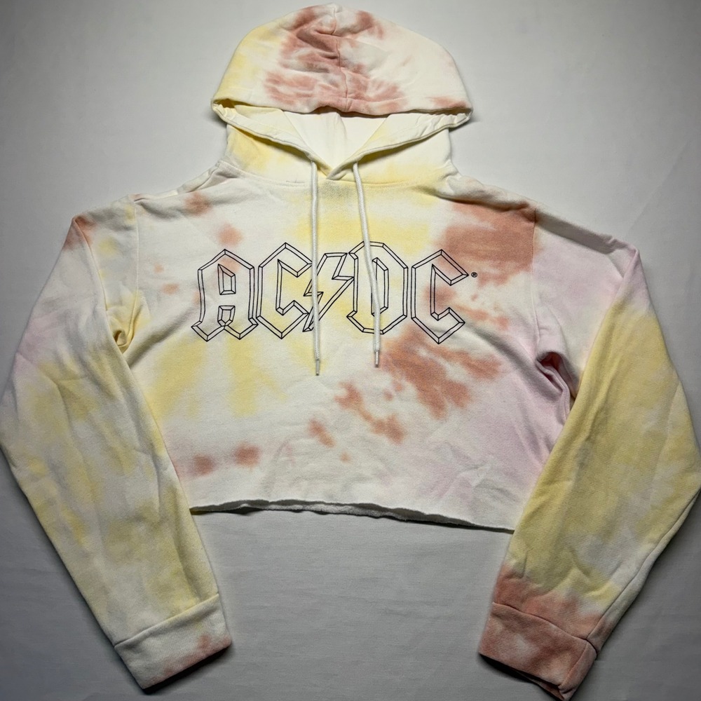 AC/DC‎ Hoodie Womens Small Cropped Pastel Tie Dye Rock Band Graphic Sweatshirt